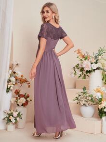 UNITHORSE 水溶蕾絲拼接雪紡伴娘連衣裙 - 紫色 - 查看 2