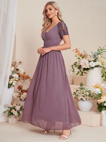 UNITHORSE 水溶蕾絲拼接雪紡伴娘連衣裙 - 紫色 - 查看 3