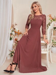 拼接睫毛蕾絲雪紡伴娘連衣裙 - 紅木色 - 查看 1