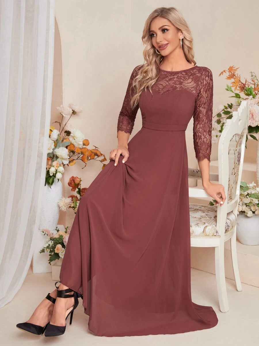 拼接睫毛蕾絲雪紡伴娘連衣裙 - 紅木色 - 查看 1