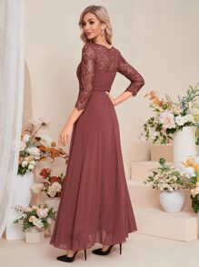 拼接睫毛蕾絲雪紡伴娘連衣裙 - 紅木色 - 查看 2