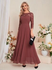 拼接睫毛蕾絲雪紡伴娘連衣裙 - 紅木色 - 查看 3