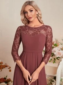 拼接睫毛蕾絲雪紡伴娘連衣裙 - 紅木色 - 查看 4