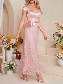 挖肩荷葉邊下擺蕾絲伴娘連衣裙