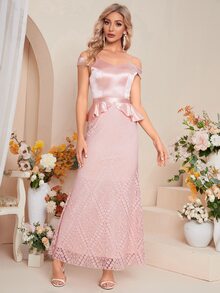 挖肩荷葉邊下擺蕾絲伴娘連衣裙