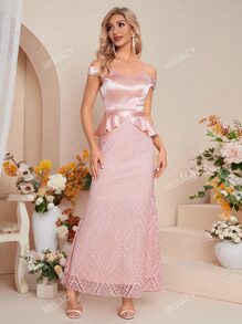 Abito da damigella d'onore con spalle scoperte peplum pizzo