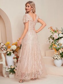 蝴蝶袖蕾絲伴娘連衣裙 - 杏色 - 查看 2