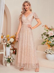 蝴蝶袖蕾絲伴娘連衣裙 - 杏色 - 查看 4