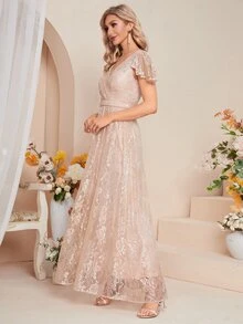 蝴蝶袖蕾絲伴娘連衣裙 - 杏色 - 查看 5