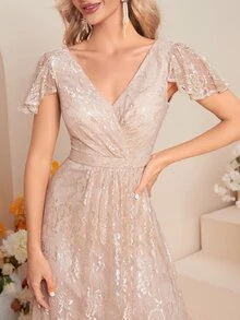 蝴蝶袖蕾絲伴娘連衣裙 - 杏色 - 查看 6