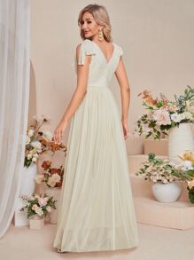 UNITHORSE 蕾絲拼接肩部蝴蝶結網紗伴娘連衣裙