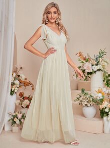 UNITHORSE 蕾絲拼接肩部蝴蝶結網紗伴娘連衣裙