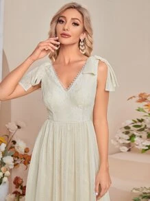 UNITHORSE 蕾絲拼接肩部蝴蝶結網紗伴娘連衣裙