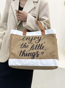 1 Letter Large Capacity Portable Tote Bag Lightweight Shopping Bag,Preppy Book Bag For Book Week - Brown - View 2