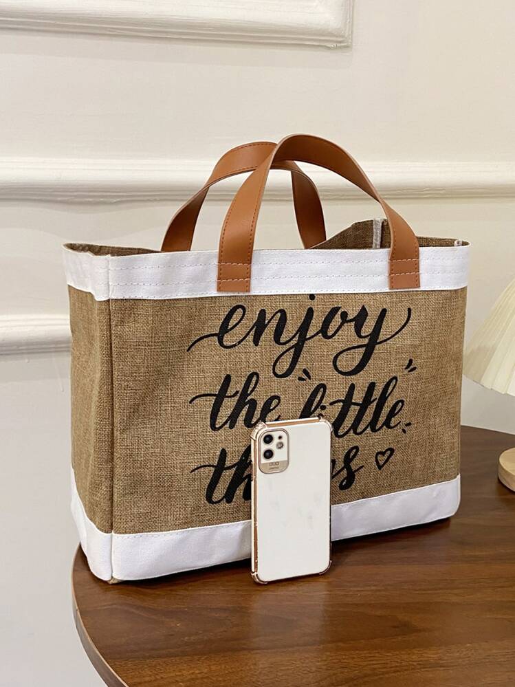 1 Bolsa de lona grande tipo tote de alta capacidad y ligera, bolso de libros estilo colegial para la semana del libro - Marrón - Añade 4