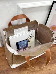 1 Letter Large Capacity Portable Tote Bag Lightweight Shopping Bag,Preppy Book Bag For Book Week - Brown - View 5