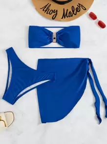 SHEIN Swim 夏季海灘3入組無肩帶高腰比基尼和沙灘裙