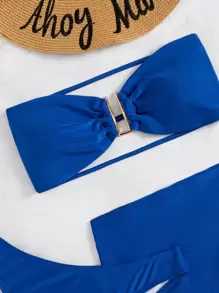 SHEIN Swim 夏季海灘3入組無肩帶高腰比基尼和沙灘裙