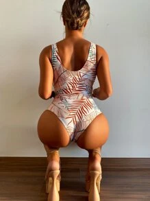 SHEIN Swim Summer Beach Leaf Print Knot One Piece Swimsuit - Multicolor - View 2