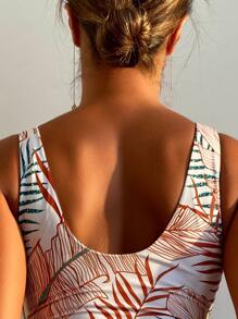 SHEIN Swim Summer Beach Leaf Print Knot One Piece Swimsuit - Multicolor - View 3