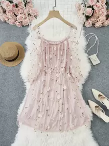 SHEIN Unity Plus Plants Embroidered Mesh Bardot Dress - Baby Pink - View 1