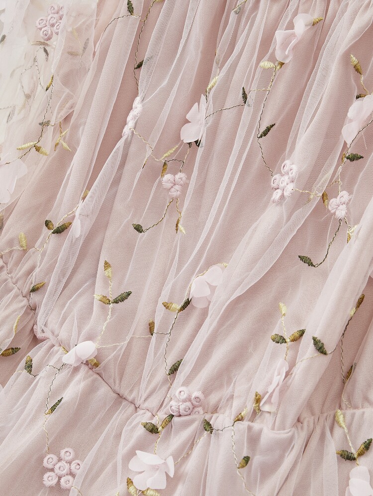 SHEIN Unity Plus Plants Embroidered Mesh Bardot Dress - Baby Pink - View 5