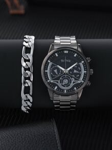 1 đồng hồ thạch anh có mặt số ba mặt tròn dành cho nam và 1 vòng tay - màu đen - Xem 1