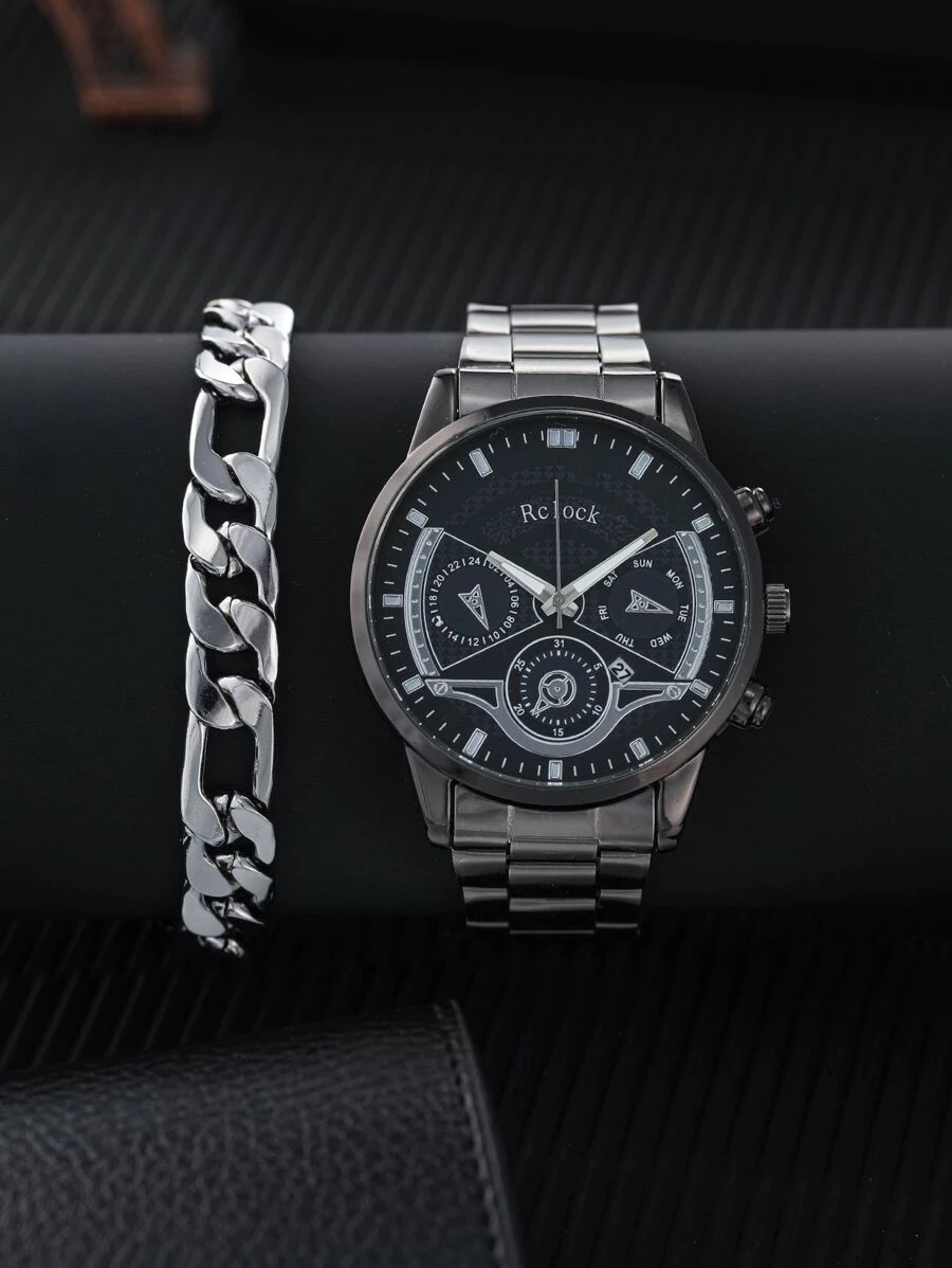 1 đồng hồ thạch anh có mặt số ba mặt tròn dành cho nam và 1 vòng tay - màu đen - Xem 1