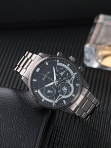 1 đồng hồ thạch anh có mặt số ba mặt tròn dành cho nam và 1 vòng tay - màu đen - Xem 3