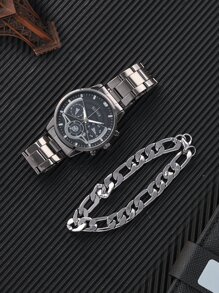 1 đồng hồ thạch anh có mặt số ba mặt tròn dành cho nam và 1 vòng tay - màu đen - Xem 4