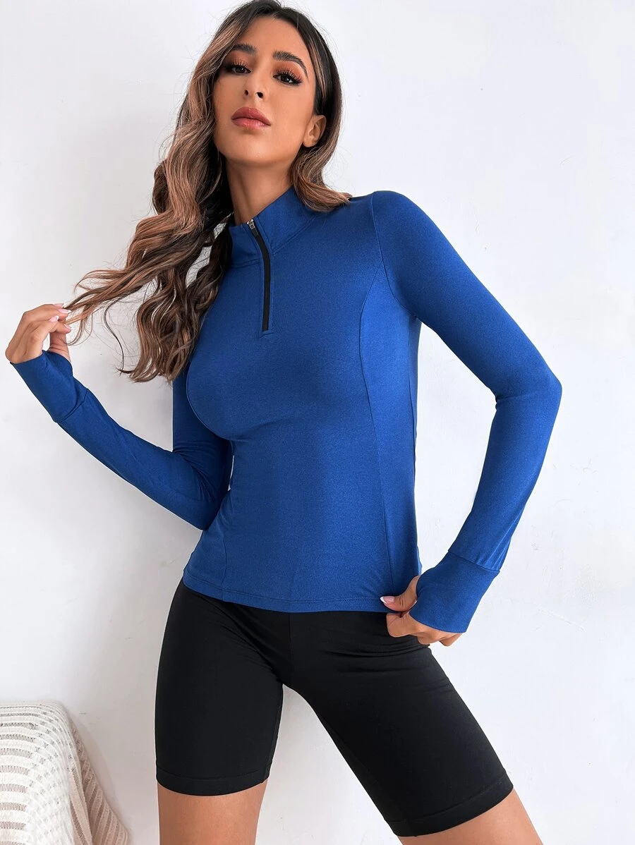 1/4拉鍊拇指孔運動衛衣 - 藍色 - 查看 1