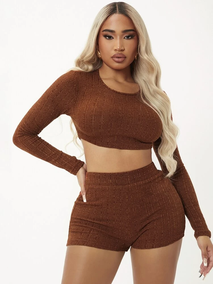 SHEIN SXY Rib Knit Crop Top & Biker Shorts Set | SHEIN USA