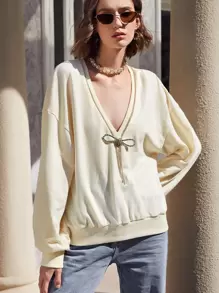 SHEIN Privé Sudadera con diseño de diamante de imitación de hombros caídos - Albaricoque - Ver 1