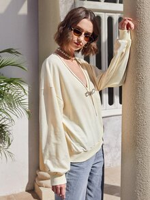 SHEIN Privé Sudadera con diseño de diamante de imitación de hombros caídos - Albaricoque - Ver 3