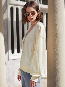 SHEIN Privé Sudadera con diseño de diamante de imitación de hombros caídos - Albaricoque - Ver 4