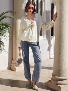 SHEIN Privé Sudadera con diseño de diamante de imitación de hombros caídos - Albaricoque - Ver 5