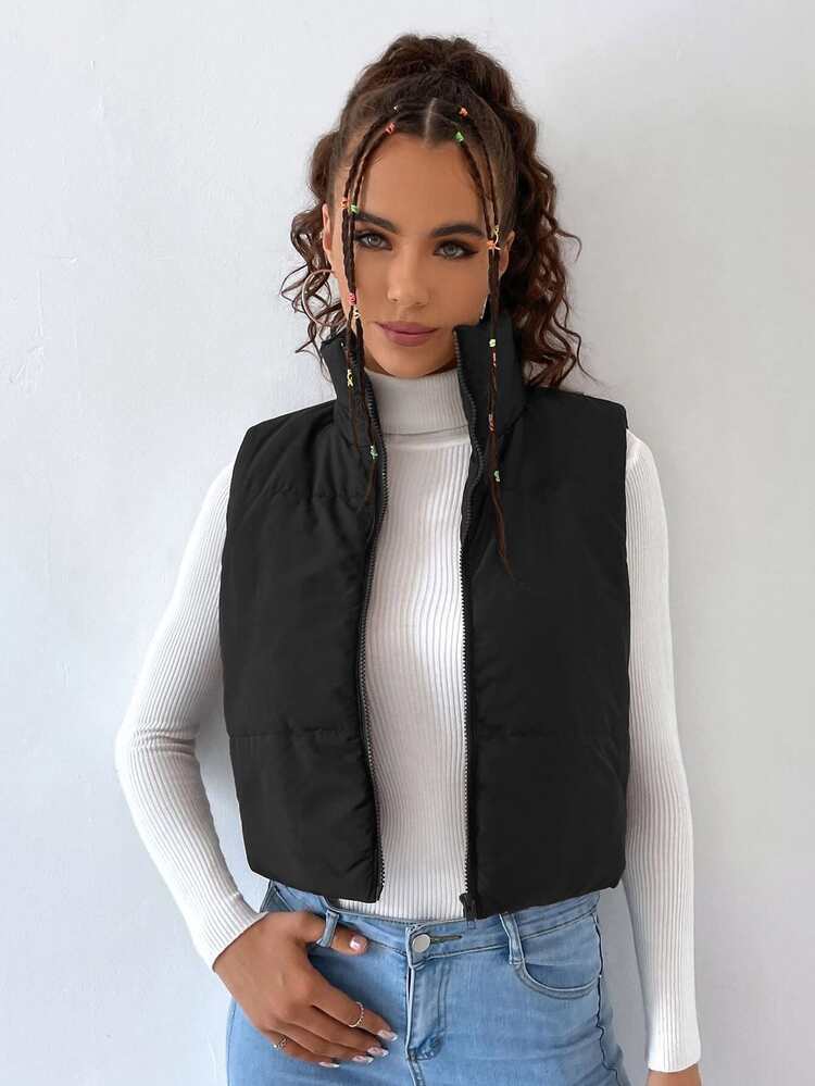 SHEIN MOOSTA Solid Zip Up Puffer Vest - Black - View 3