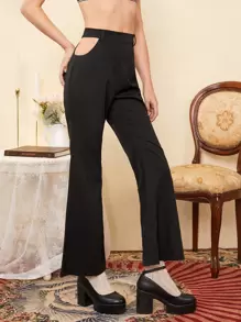 SHEIN BAE Solid Cutout Flare Leg Trousers - Black - View 1