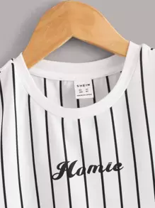 SHEIN Leap Crew Young Boy Letter Print Striped Tee - White - View 3