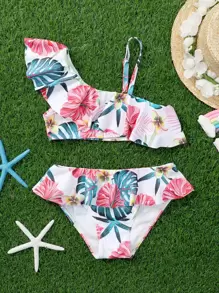 Young Girl Floral Print Ruffle Hem Bikini Set Summer Beach - Pink - View 1
