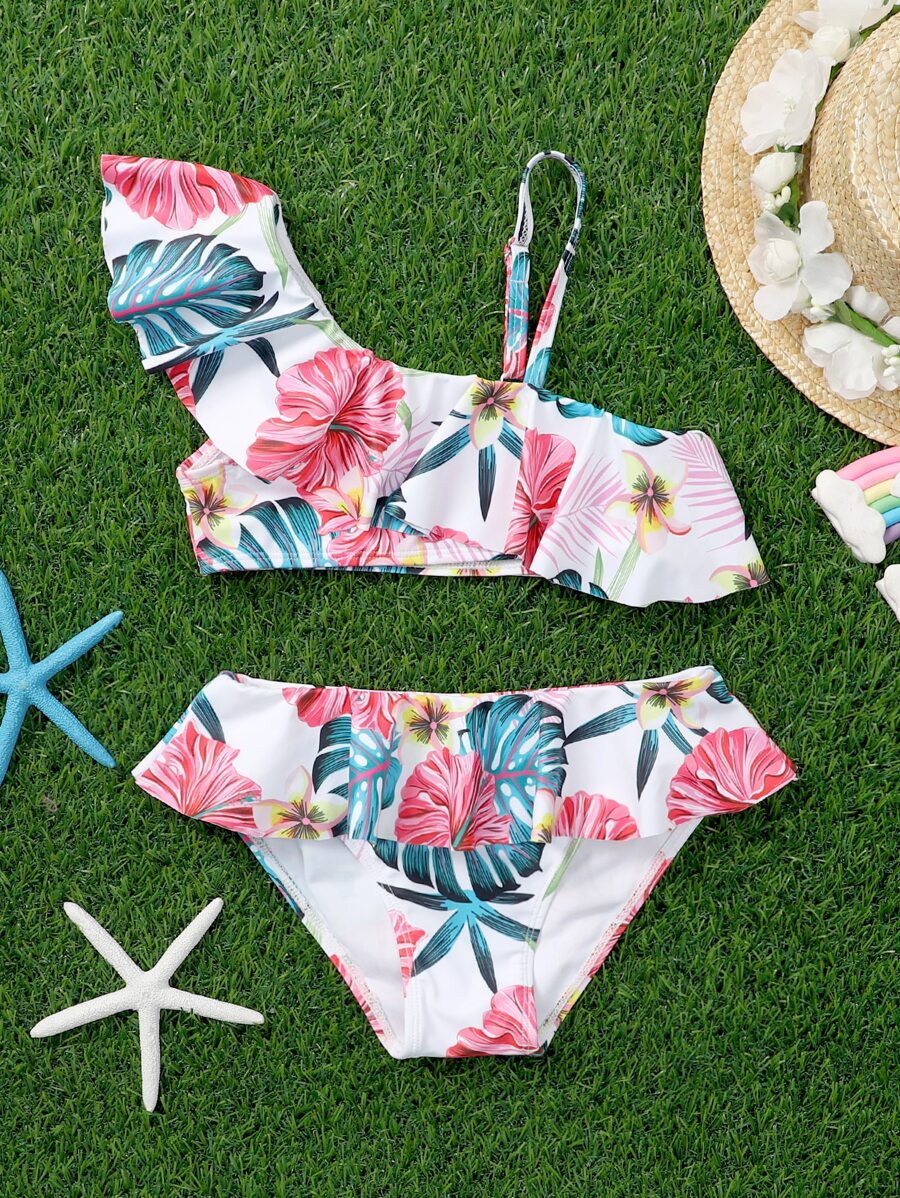 Young Girl Floral Print Ruffle Hem Bikini Set Summer Beach - Pink - View 1