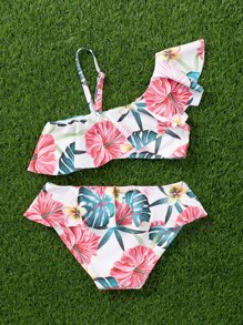 Young Girl Floral Print Ruffle Hem Bikini Set Summer Beach - Pink - View 2