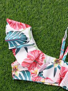 Young Girl Floral Print Ruffle Hem Bikini Set Summer Beach - Pink - View 3