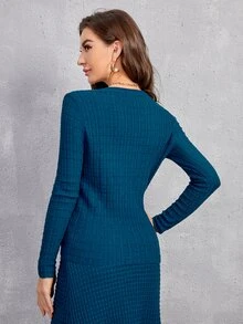 SHEIN Waffle Knit Solid Sweater - Teal Blue - View 3