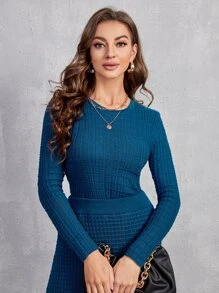 SHEIN Waffle Knit Solid Sweater - Teal Blue - View 1