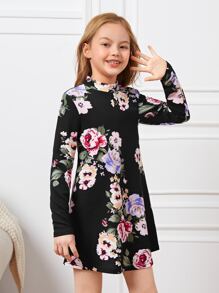 SHEIN Tween Girl Floral Mock Neck Dress - Multicolor - View 4