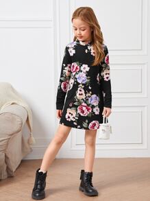 SHEIN Tween Girl Floral Mock Neck Dress - Multicolor - View 3