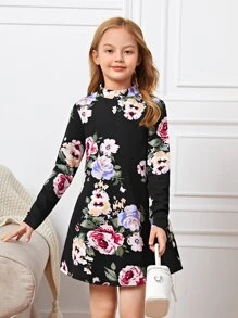 SHEIN Tween Girl Floral Mock Neck Dress - Multicolor - View 1