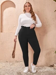 EMERY ROSE Plus High Waist Lettuce Trim Skinny Trousers - Black - View 4