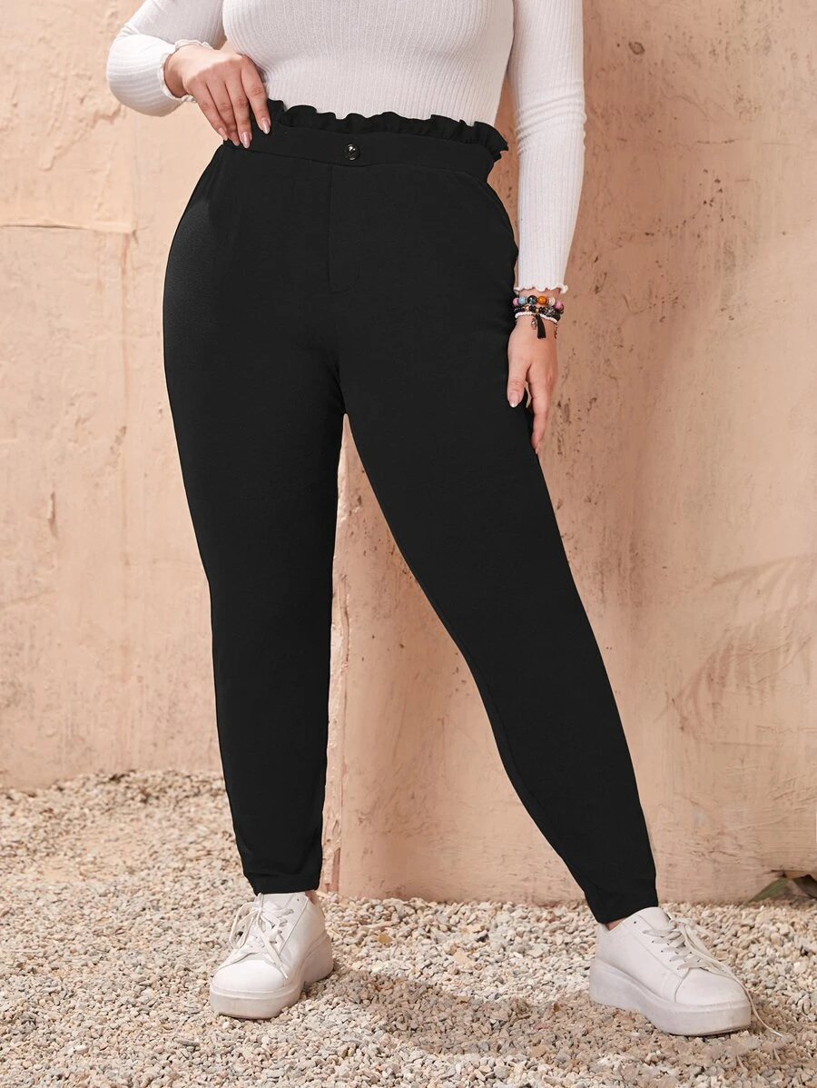 EMERY ROSE Plus High Waist Lettuce Trim Skinny Trousers - Black - View 1